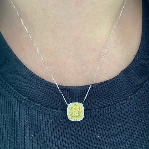yellow diamond necklace. yellow diamond pendant. yellow cushion diamond