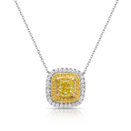 Elegant yellow diamond necklace. yellow diamond pendant. yellow cushion diamond.