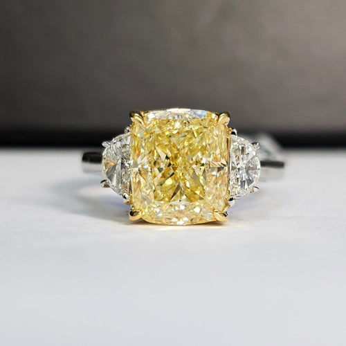 4.02 Carat Cushion Diamond Fancy Yellow Diamond SI1 Clarity Excellent, Very Good Cutting, No Fluorescence 4.43 Carat Total 0.41 Carat Half Moons Handmade in Platinum & 18k White Gold GIA Certified Diamond