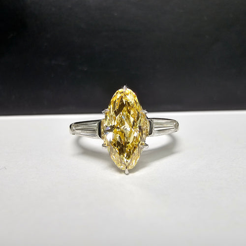 1.40 Carat Fancy Light Yellow Diamond Marquise Cut Diamond Tapered Baguette Side Diamonds VS1 Clarity GIA Certified Diamond Set in Platinum & 18K Gold Handmade in NYC
