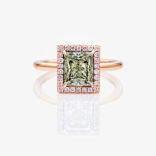 2ct Green Princess Diamond in Pink Halo Engagement Ring