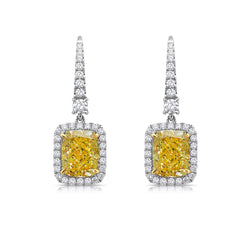 Diamond earrings, yellow diamond earrings, yellow cushion cut diamonds, yellow diamond halo, yellow diamond earrings, diamond drop earrings.