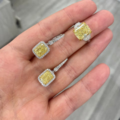 Diamond earrings, yellow diamond earrings, yellow cushion cut diamonds, yellow diamond halo, yellow diamond earrings, diamond drop earrings