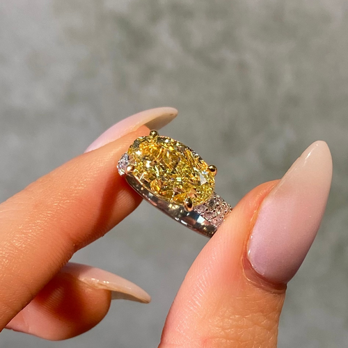 4 Carat Fancy Yellow Oval Diamond East West Pavé Engagement Ring