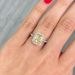 3.31 Carat Light Yellow (W-X) VS2 Clarity Radiant Cut Diamond 0.44 Carats of White Rounds GIA Certified Diamond Crafted in Platinum and 18k Yellow Gold Handmade in NYC