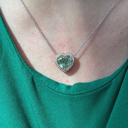 Green Heart Diamond in Pink Diamond Halo Pendant Necklace