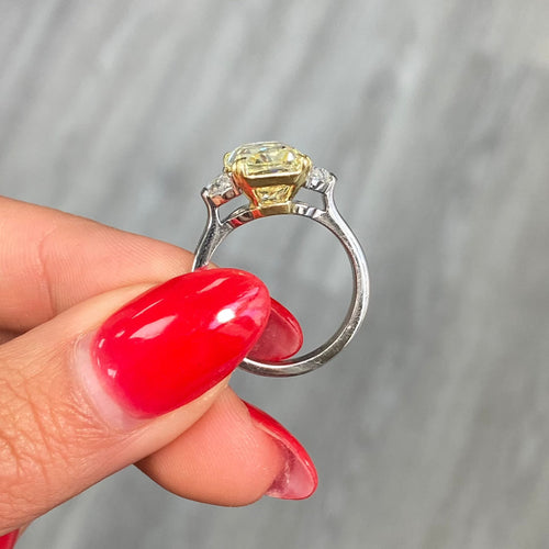 Fancy Yellow elongated radiant cut diamond three stone ring , three stone engagement ring unique engagement ring