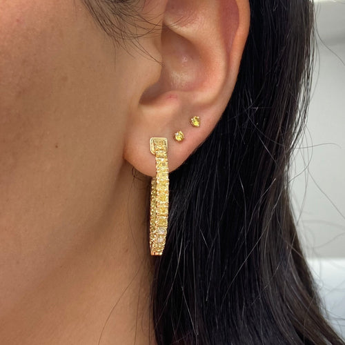 Natural yellow diamond hoop earrings, canary diamond hoops, intense yellow diamonds.
