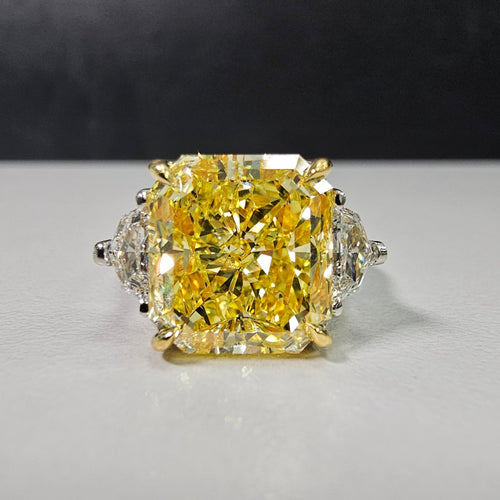 6.57 Carat Center Diamond GIA Fancy Intense Yellow Radiant Cut Diamond SI1 Clarity Excellent, Good Cutting 0.71 Carat E VS1 Epaulettes Handmade in NYC Set in 18k & Platinum