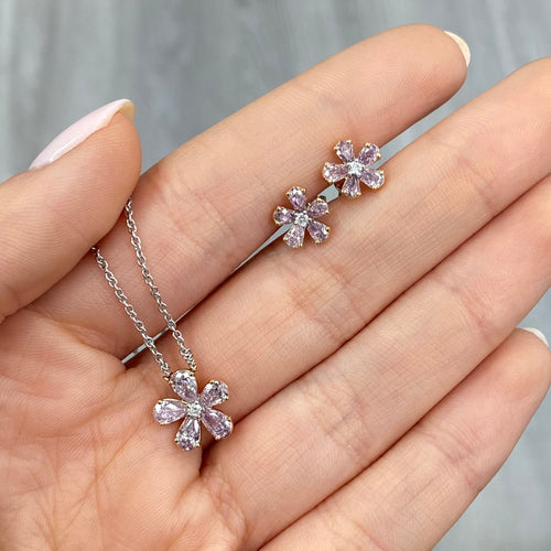 Spring flower earrings, pink diamond stud earrings, dainty pink diamond earrings.