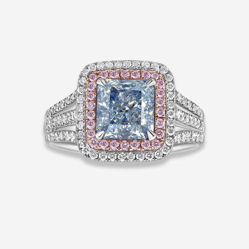 2 Carat Blue Radiant Diamond Double Halo Engagement Ring
