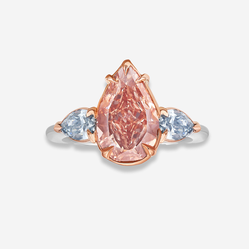 2.22ct Fancy Deep Brown-Pink Pear Diamond with Blue Diamonds Three Stone Ring