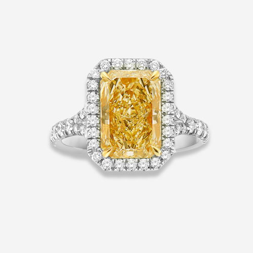 5ct Light Yellow Elongated Radiant Diamond Halo Engagement Ring