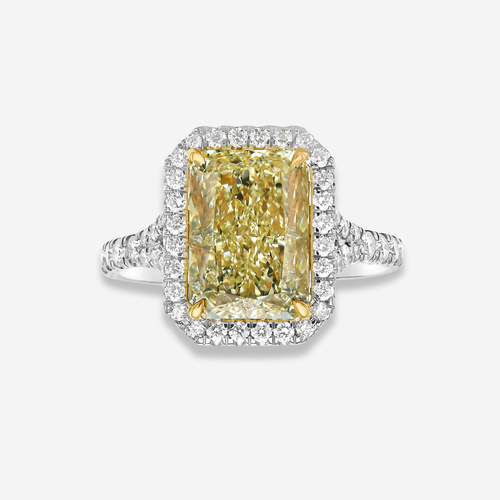 3.5ct Light Yellow Elongated Radiant Diamond Halo Engagement Ring