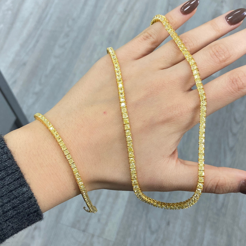 Elegant fancy yellow diamond tennis necklace featuring natural yellow diamond jewelry design with a VS-VVS clarity.