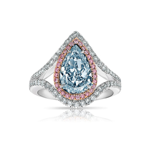 Unique 2 carat natural blue pear shape diamond ring set with pink and white diamonds.