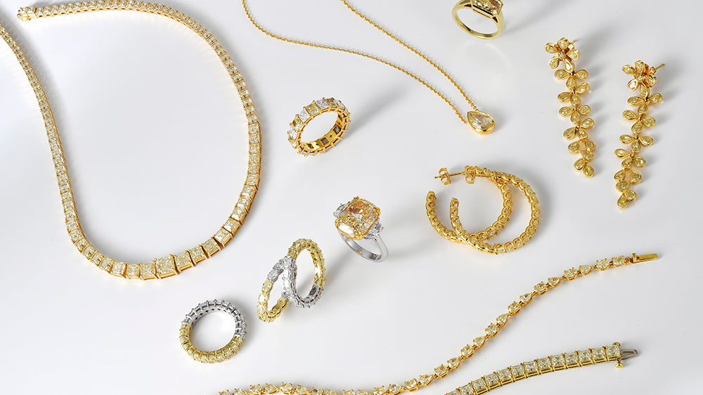 Yellow diamond jewelry, bezel set jewelry, fancy color diamonds, canary yellow diamonds, fancy yellow diamond, yellow diamond jewelry
