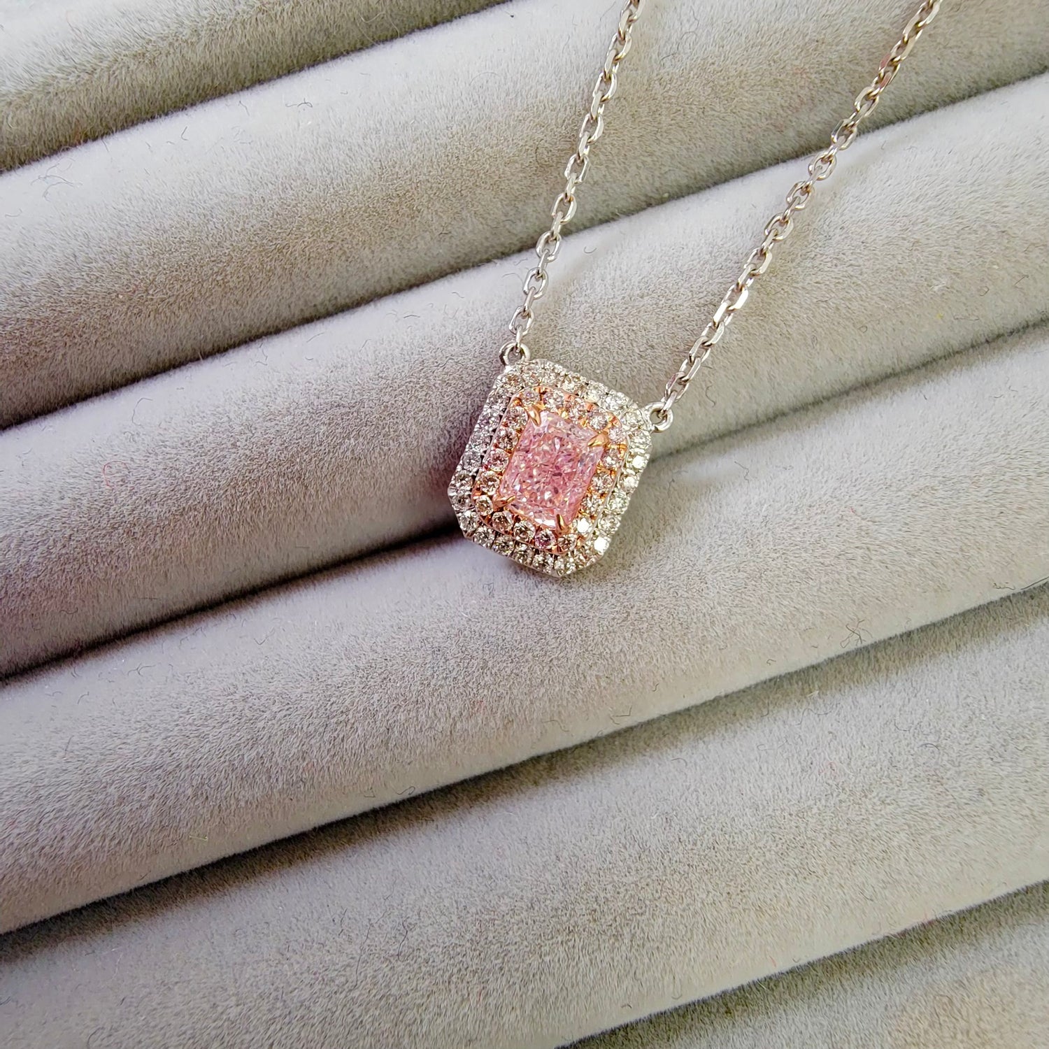 Rare Colors by Namdar Light Pink Elongated Radiant diamond pendant, New York City