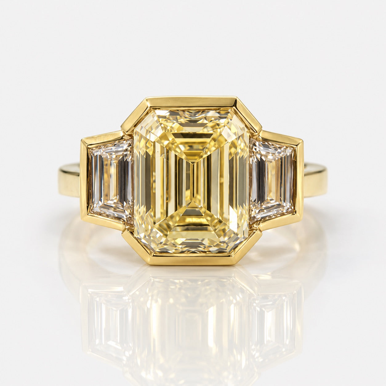 3ct Light Yellow Emerald Diamond Three Stone Bezel Engagement Ring