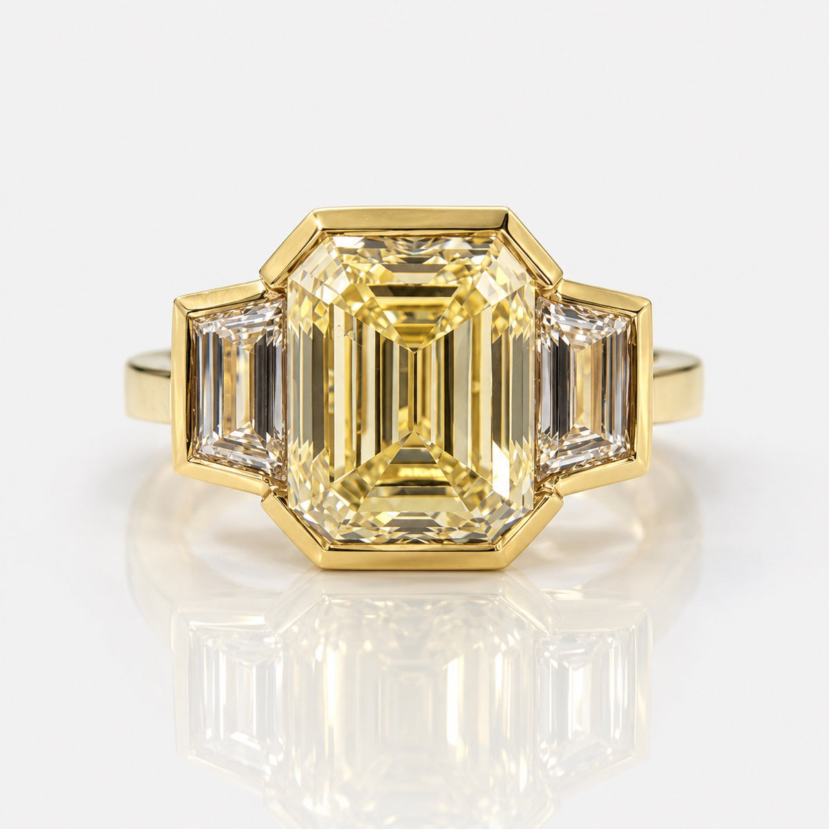 3ct Light Yellow Emerald Diamond Three Stone Bezel Engagement Ring