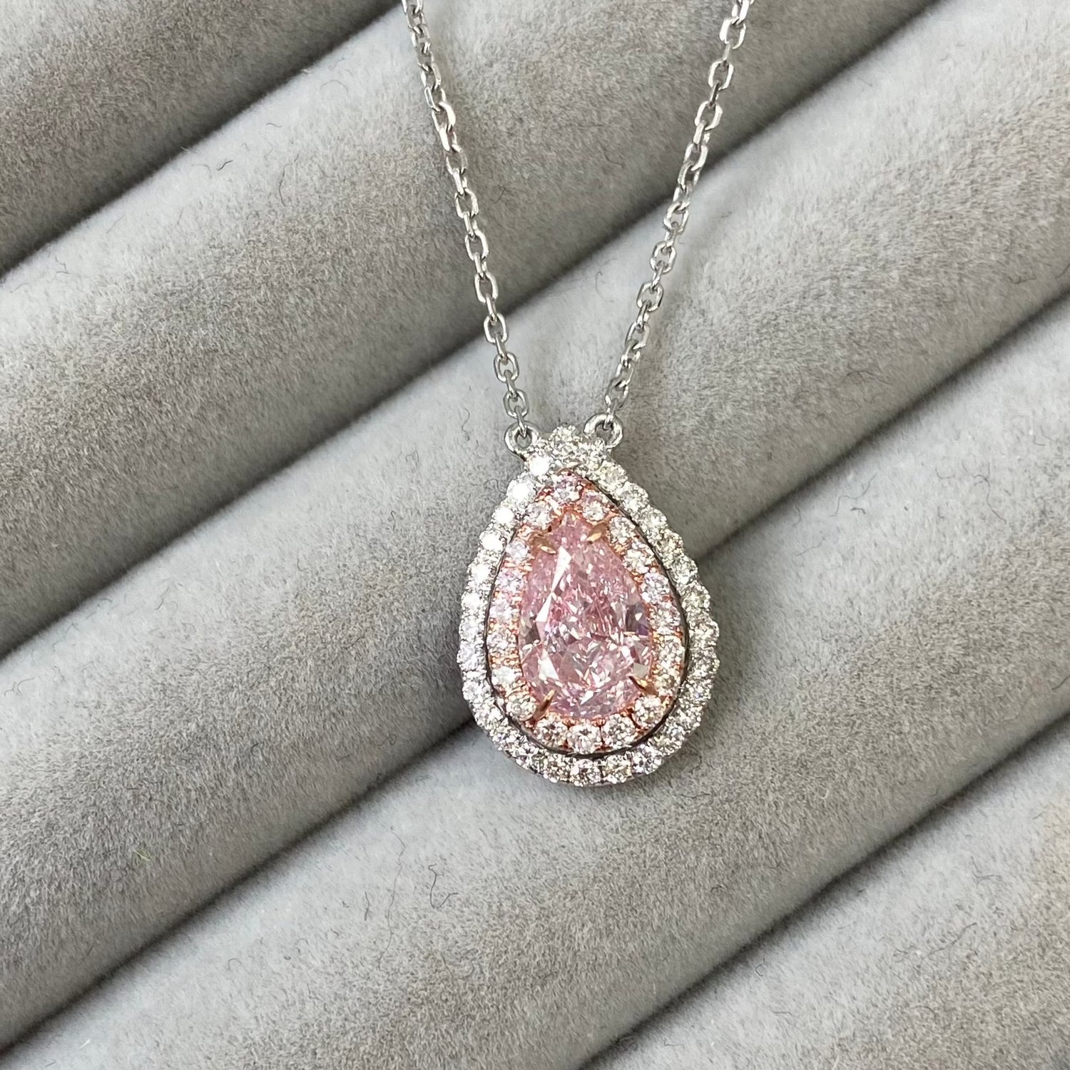 GIA 1ct Light Pink Pear diamond pendant at Rare Colors by Namdar, 5th Avenue New York