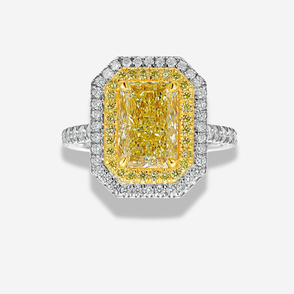 2.35ct Light Yellow Elongated Radiant Diamond Double Halo Engagement Ring