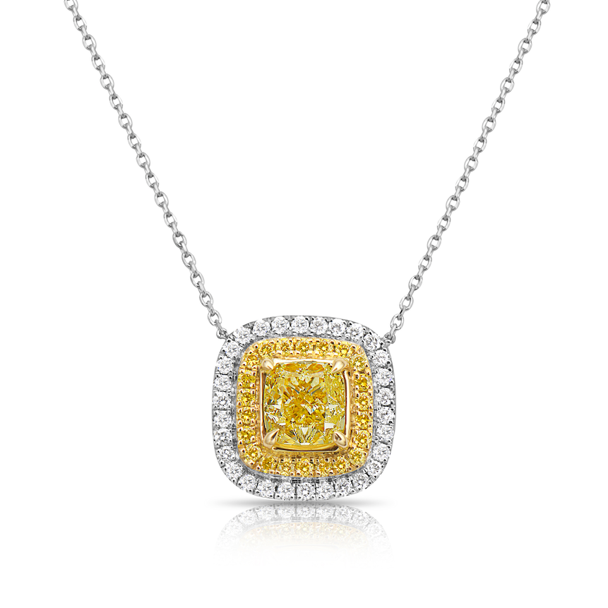 Elegant yellow diamond necklace. yellow diamond pendant. yellow cushion diamond.