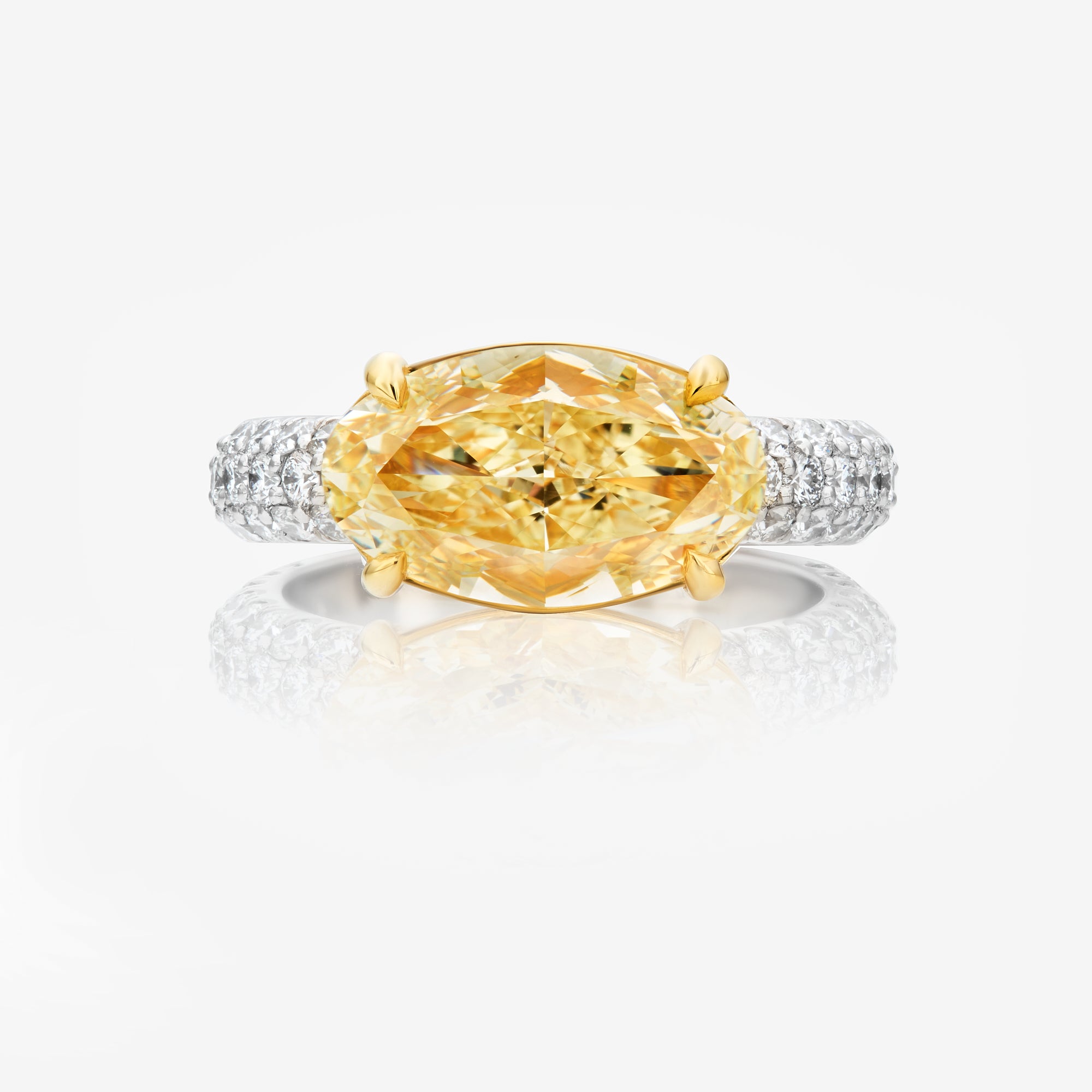 4 Carat Fancy Yellow Oval Diamond East West Pavé Engagement Ring