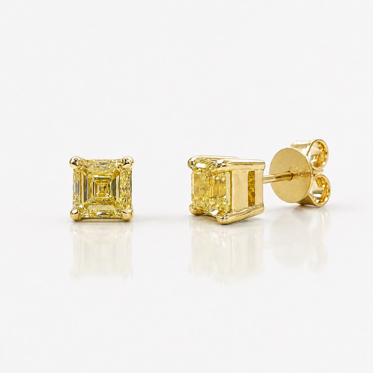 1.49 Carat Total Fancy Yellow Asscher Diamond Stud Earrings