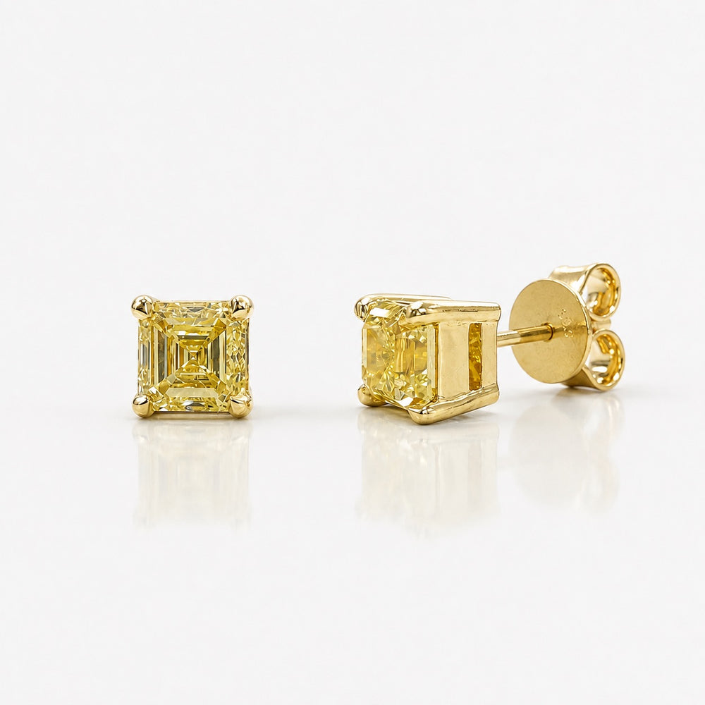 1.49 Carat Total Fancy Yellow Asscher Diamond Stud Earrings