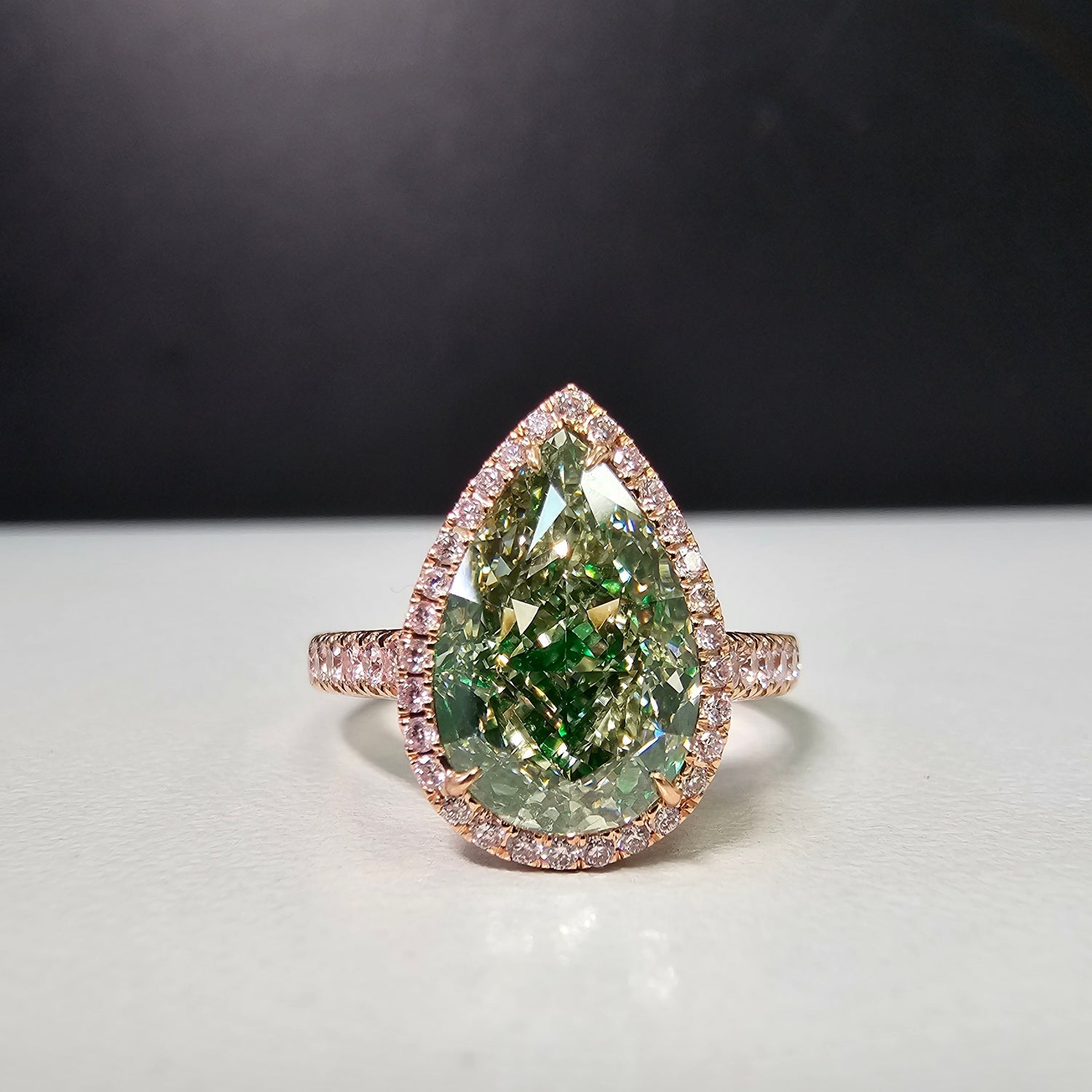 3.39ct Green Pear diamond ring, handcrafted by Rare Colors by Namdar