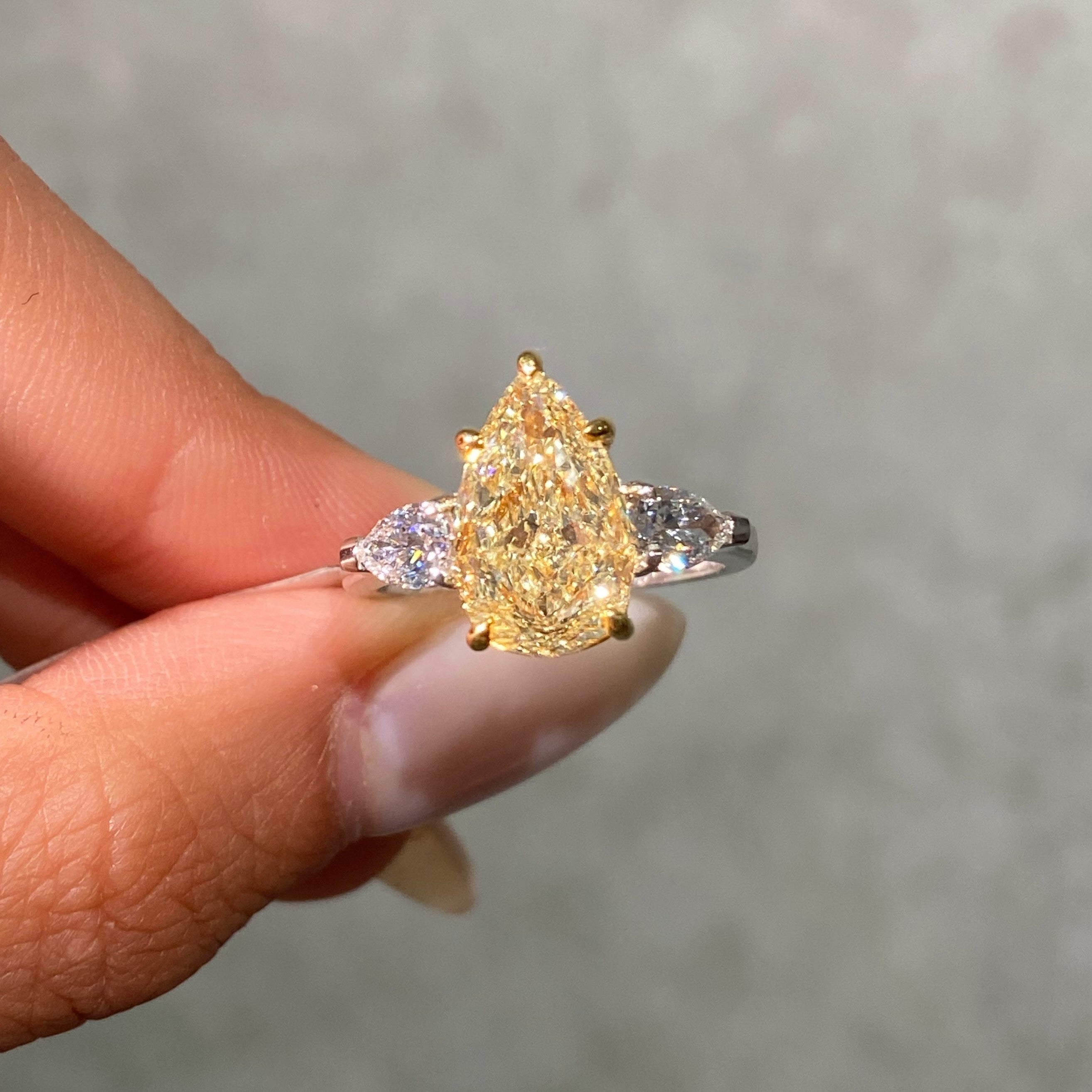 3.5ct GIA Light Yellow Pear Diamond Three Stone Engagement Ring