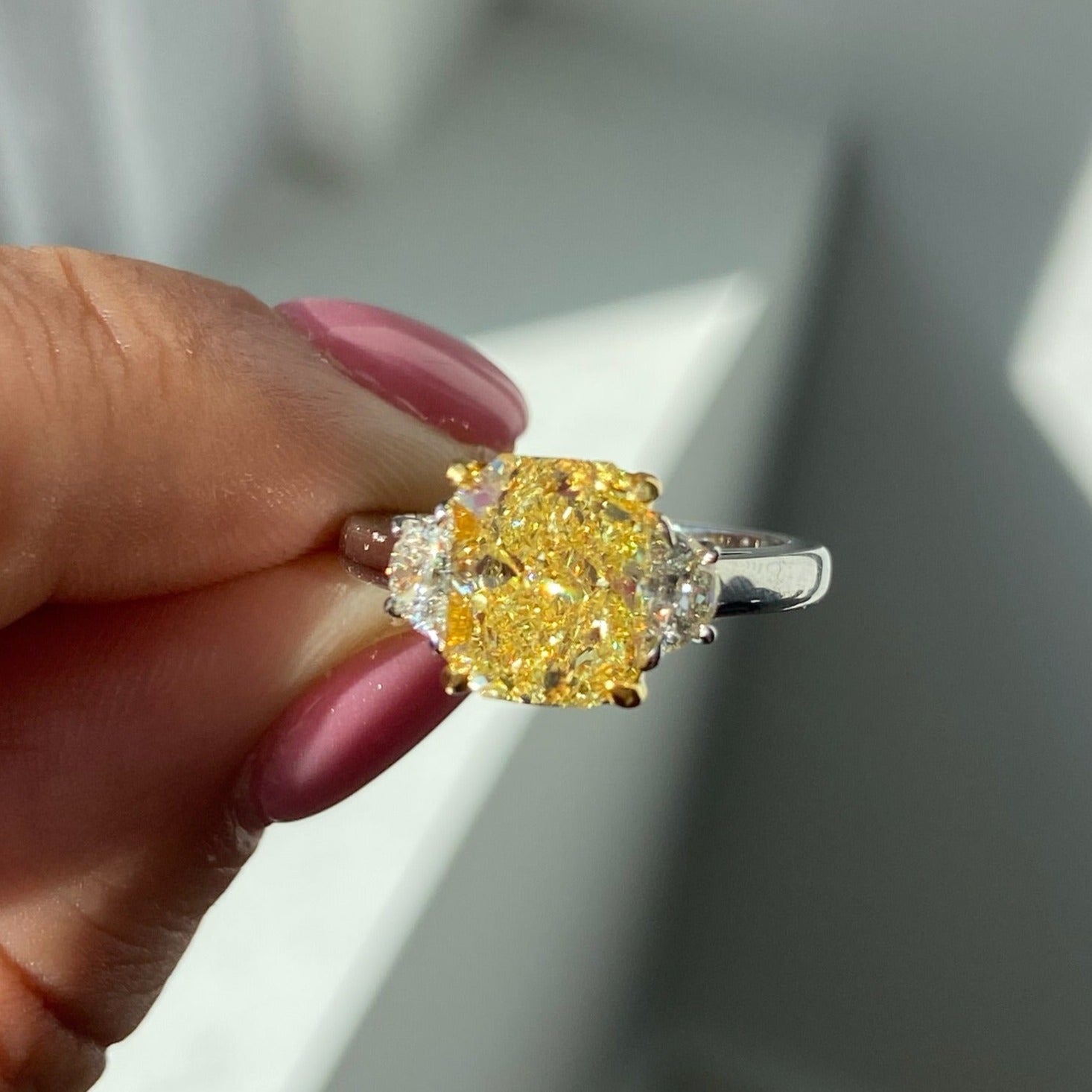 Rare Colors by Namdar 3ct Fancy Yellow Elongated Radiant diamond engagement ring, New York City