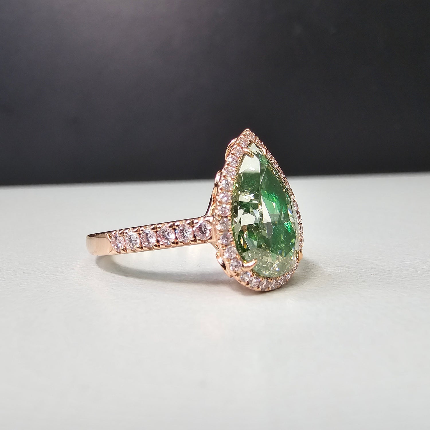 GIA 3.39ct Green Pear diamond ring at Rare Colors by Namdar, 5th Avenue New York