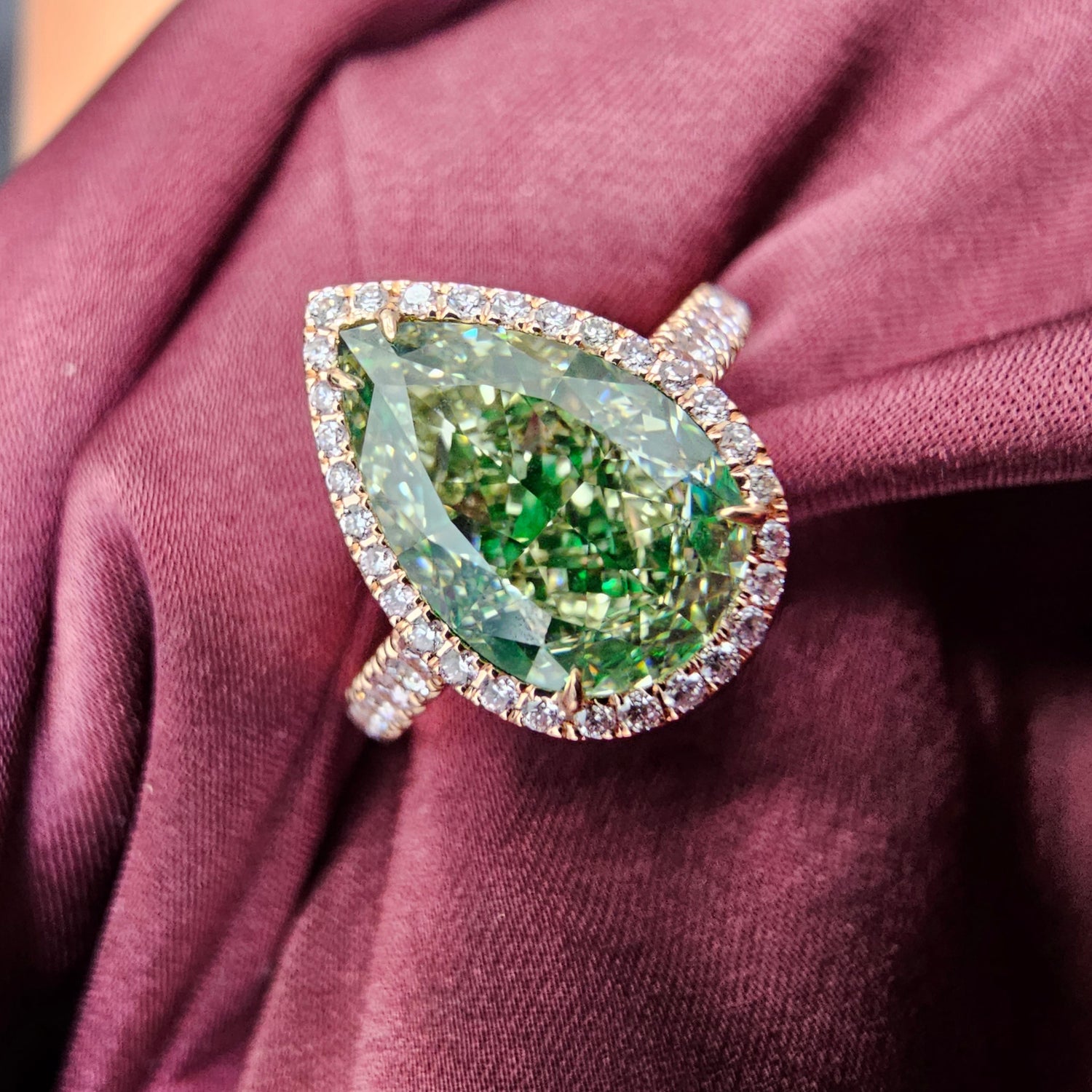 3.39ct Green Pear ring — color diamond specialists Rare Colors by Namdar