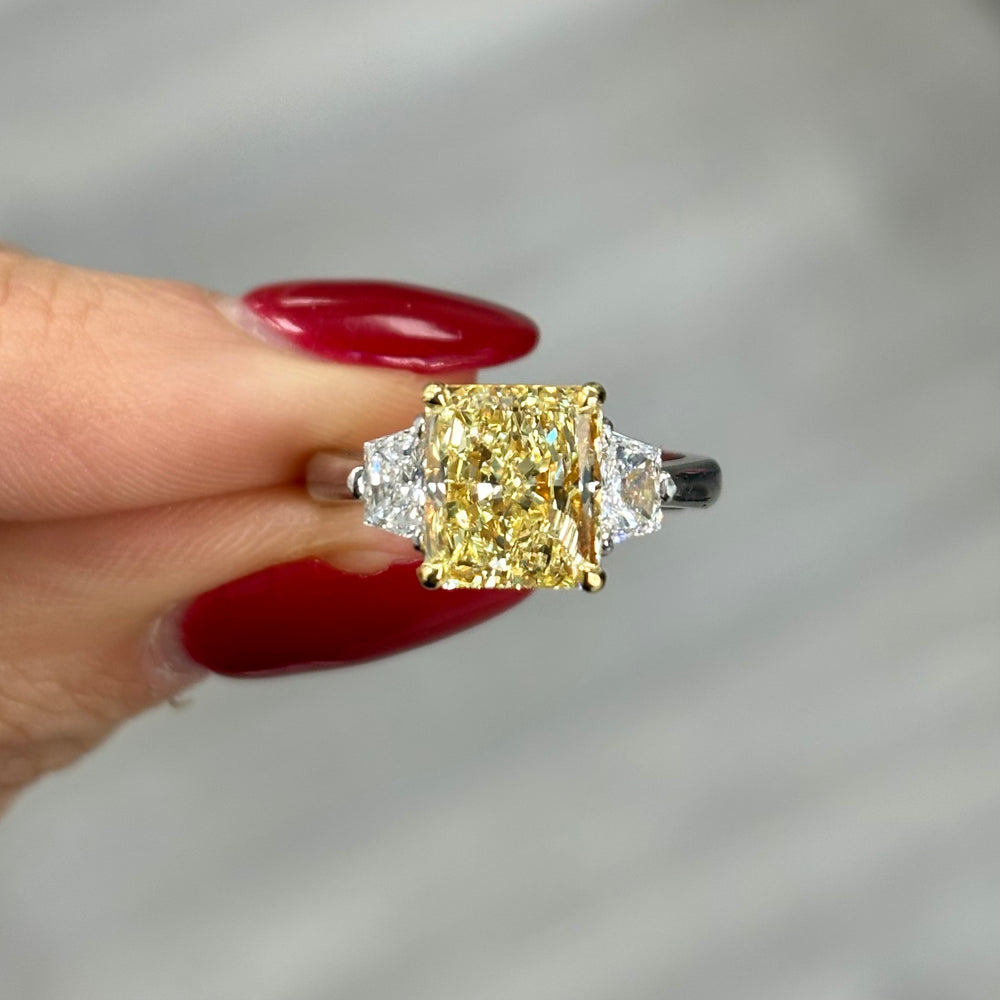 3ct Fancy Yellow Elongated Radiant diamond engagement ring, handcrafted by Rare Colors by Namdar