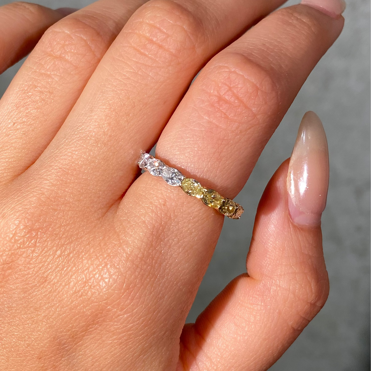 Fancy Yellow and White East West Oval Diamond Half Eternity Band