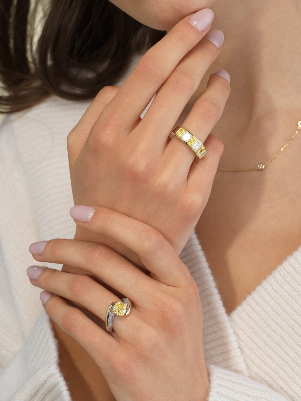 Fancy Yellow and White Alternating Diamond Bezel Half Eternity Band