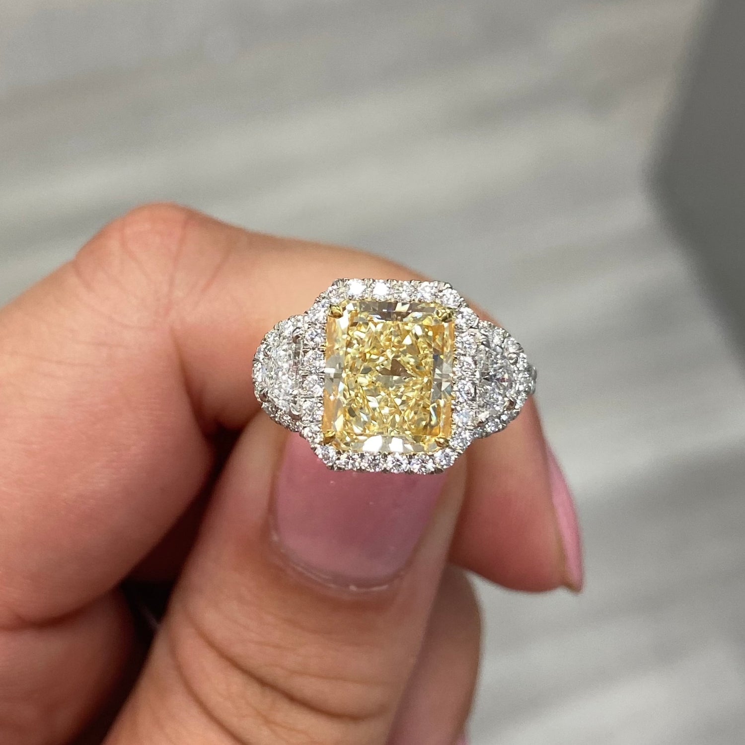 3.5ct Yellow Elongated Radiant diamond engagement ring by Rare Colors by Namdar, New York City