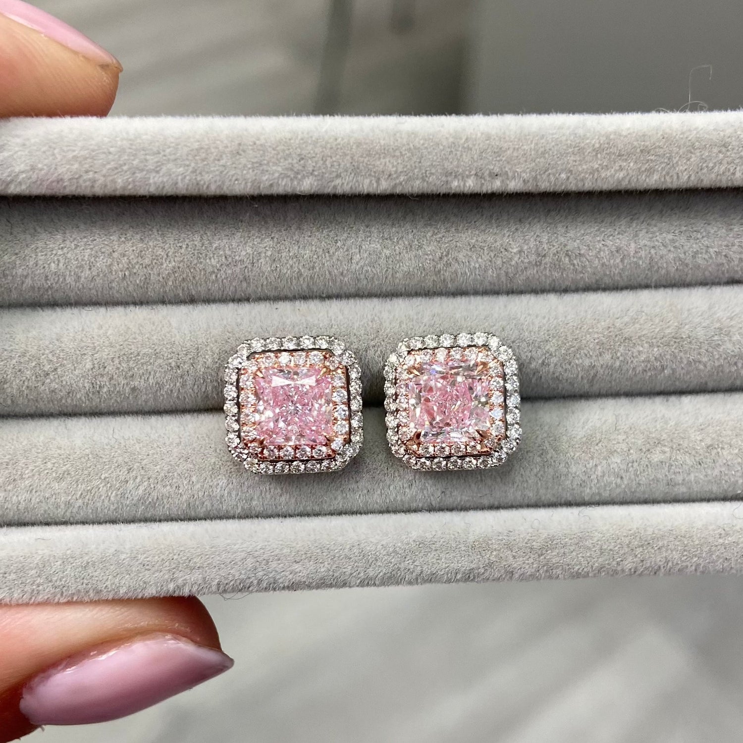 4ct Pink Radiant diamond earrings, handcrafted by Rare Colors by Namdar