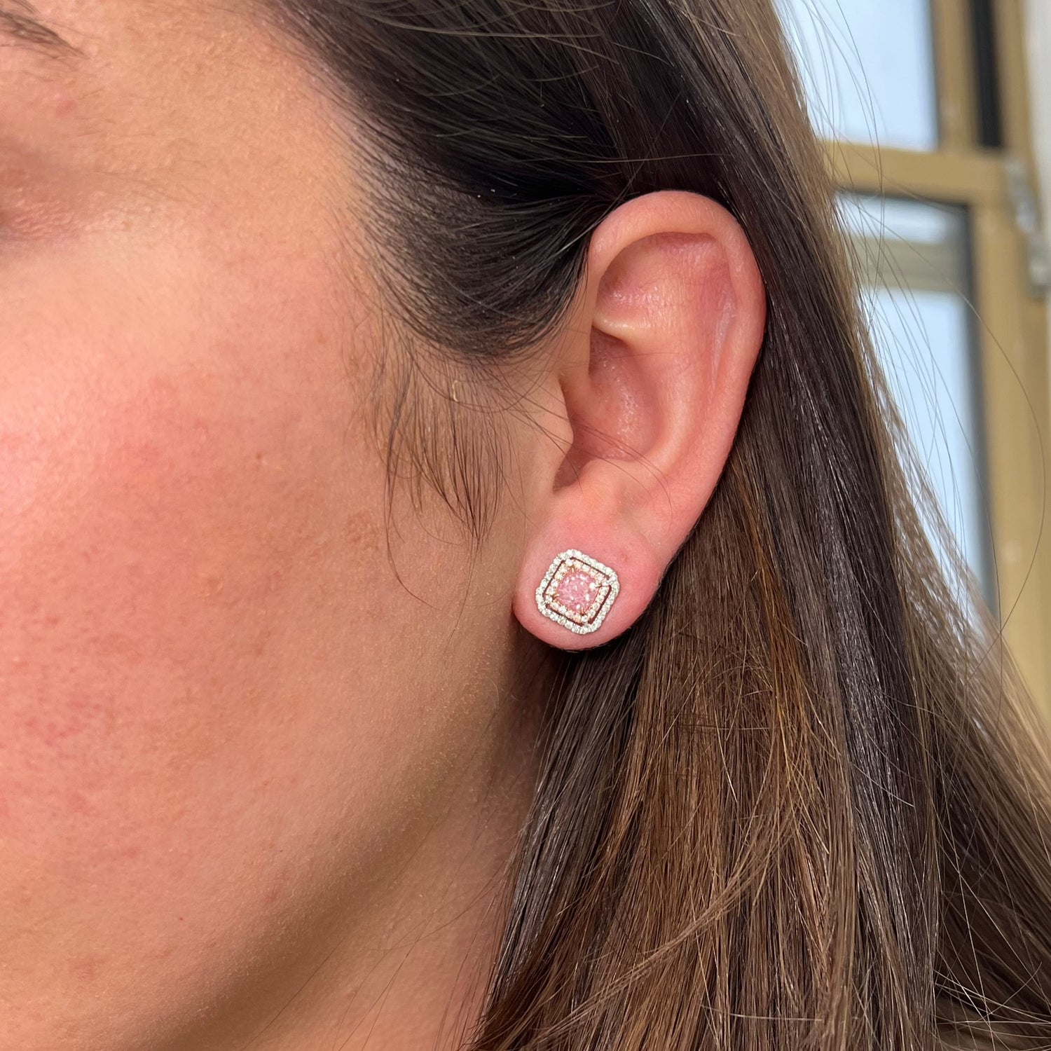 GIA 4.10ct Pink Cushion diamond earrings at Rare Colors by Namdar, 5th Avenue New York