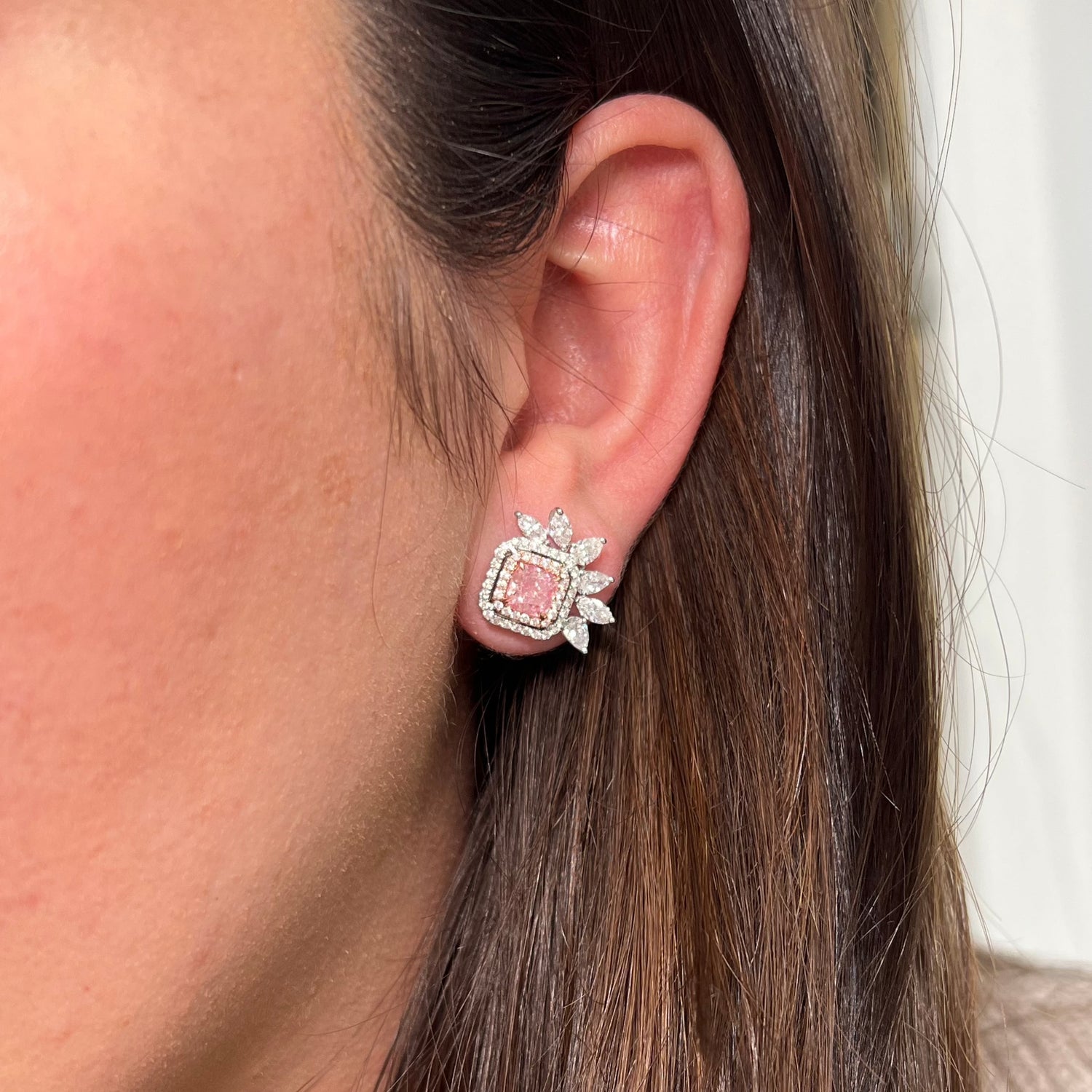 4.10ct Pink Cushion earrings — color diamond specialists Rare Colors by Namdar