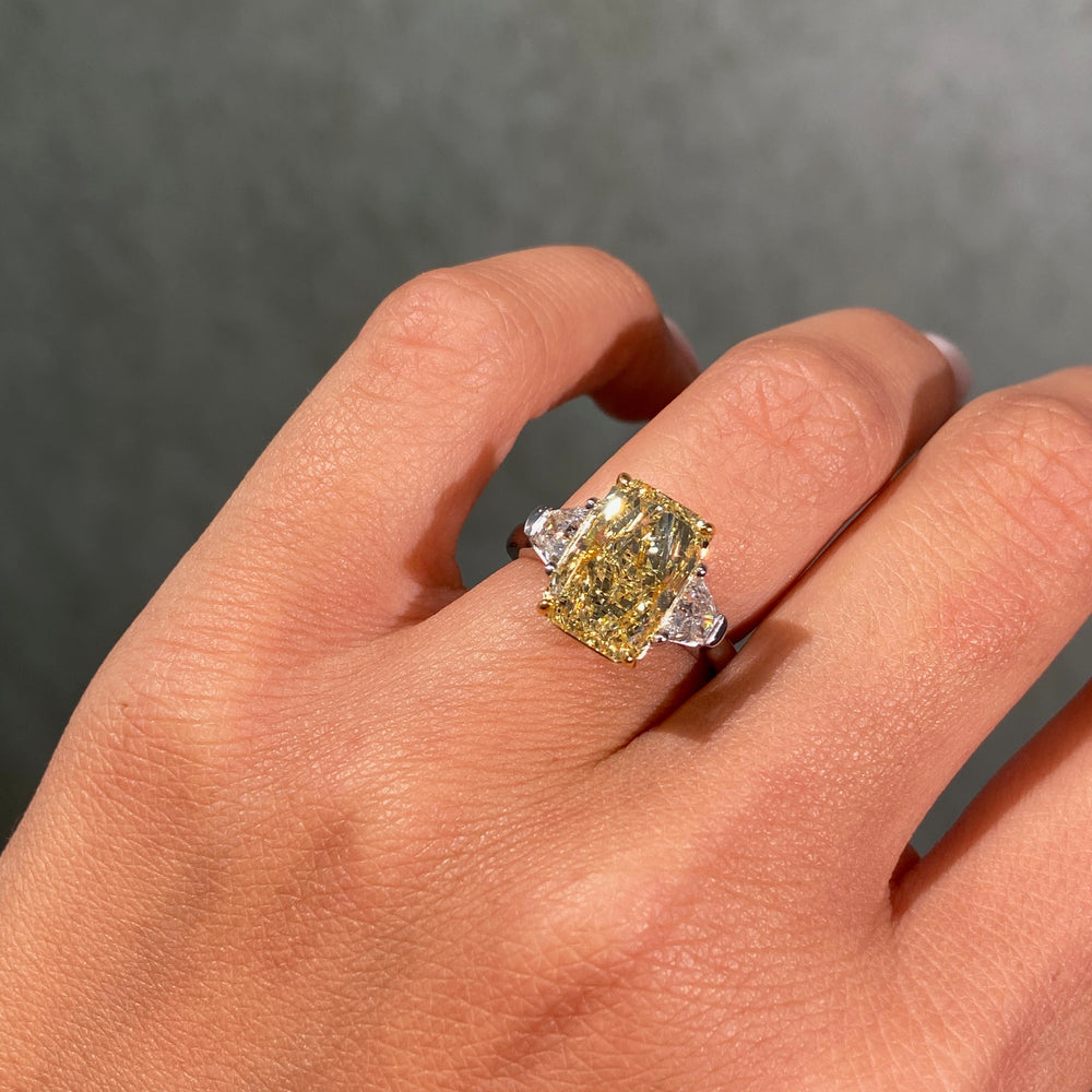 4.15ct GIA Fancy Yellow Elongated Radiant Diamond Three Stone Engagement Ring