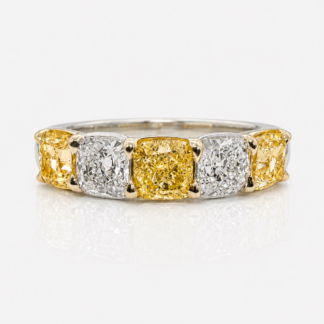 2.5ct Fancy Yellow and Colorless Cushion Diamond Half Eternity Band