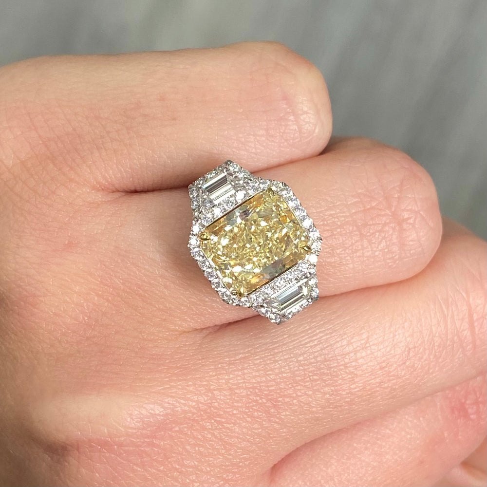 5ct Light Yellow Elongated Radiant diamond engagement ring, handcrafted by Rare Colors by Namdar