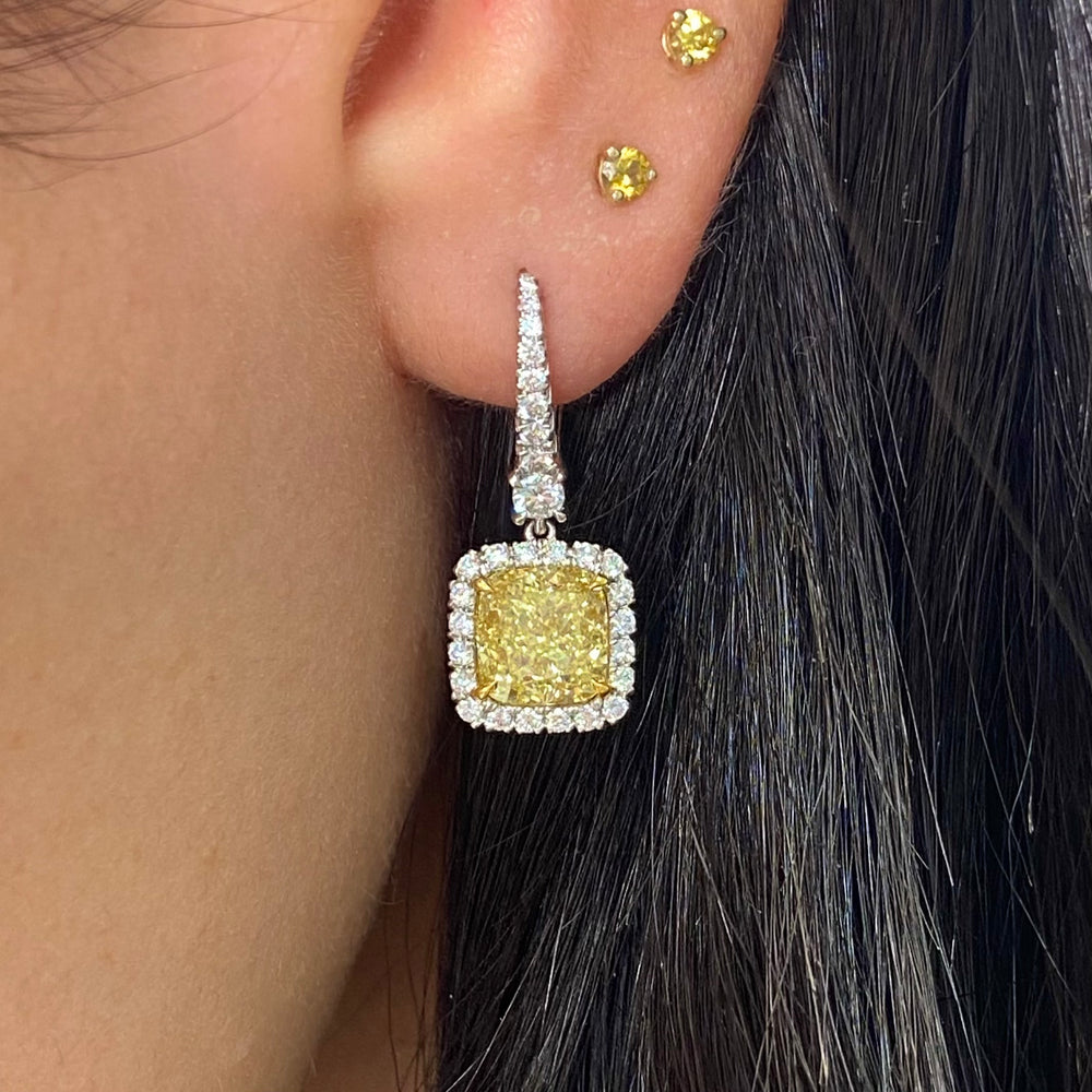 6ct Fancy Yellow Cushion diamond drop earrings, handcrafted by Rare Colors by Namdar