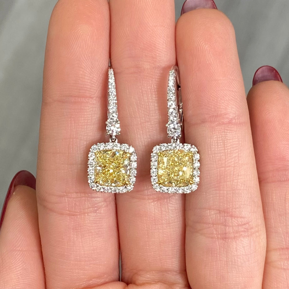 GIA 6ct Fancy Yellow Cushion diamond drop earrings at Rare Colors by Namdar, 5th Avenue New York