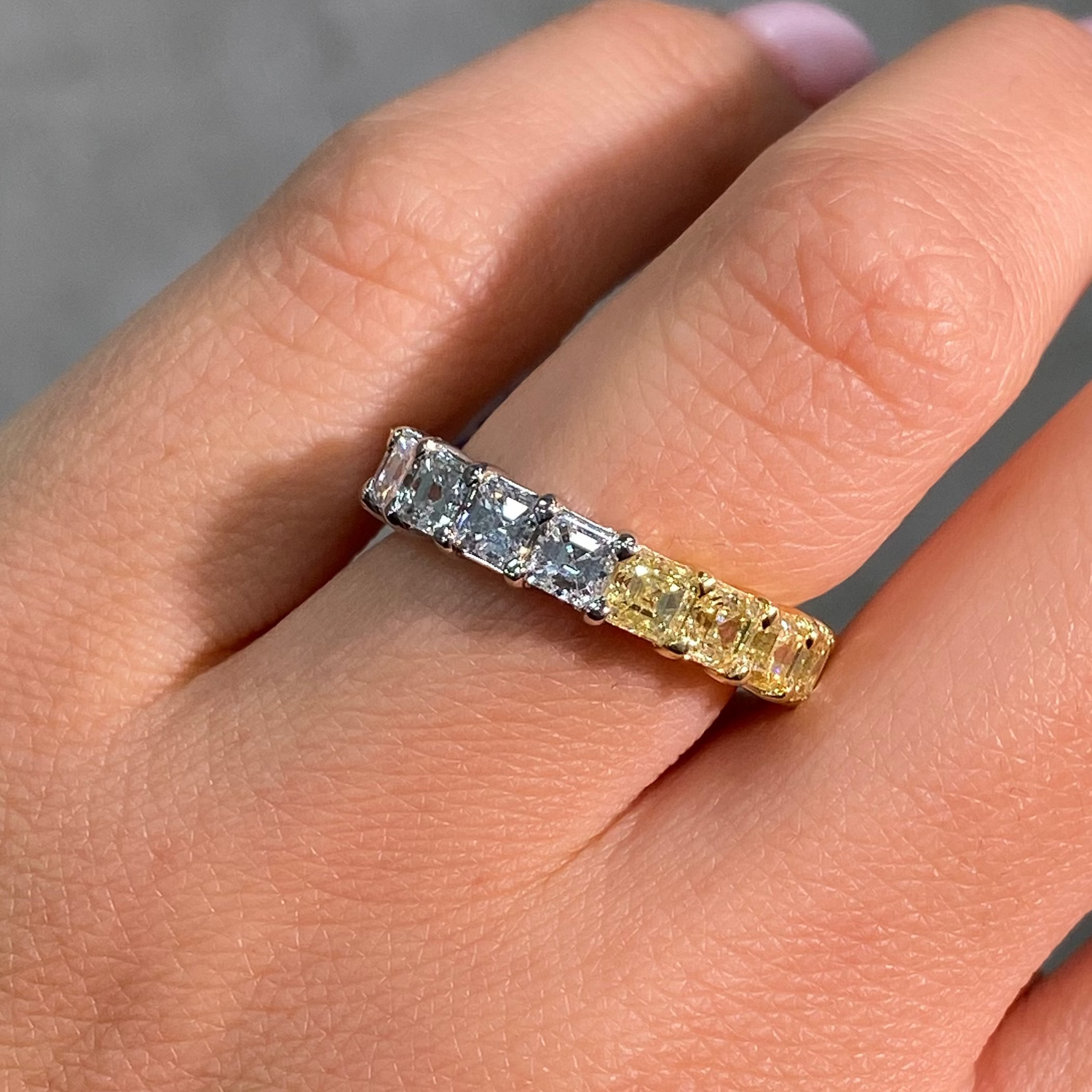 Fancy Yellow and White Asscher Diamond Half Eternity Band
