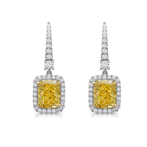 Diamond earrings, yellow diamond earrings, yellow cushion cut diamonds, yellow diamond halo, yellow diamond earrings, diamond drop earrings.