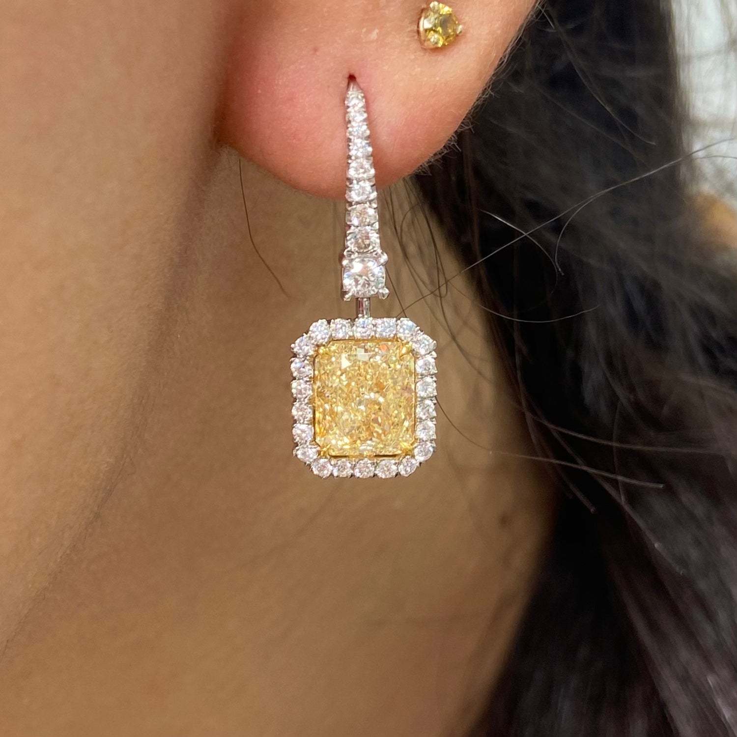 7.02ct Light Yellow Radiant diamond drop earrings by Rare Colors by Namdar, New York City